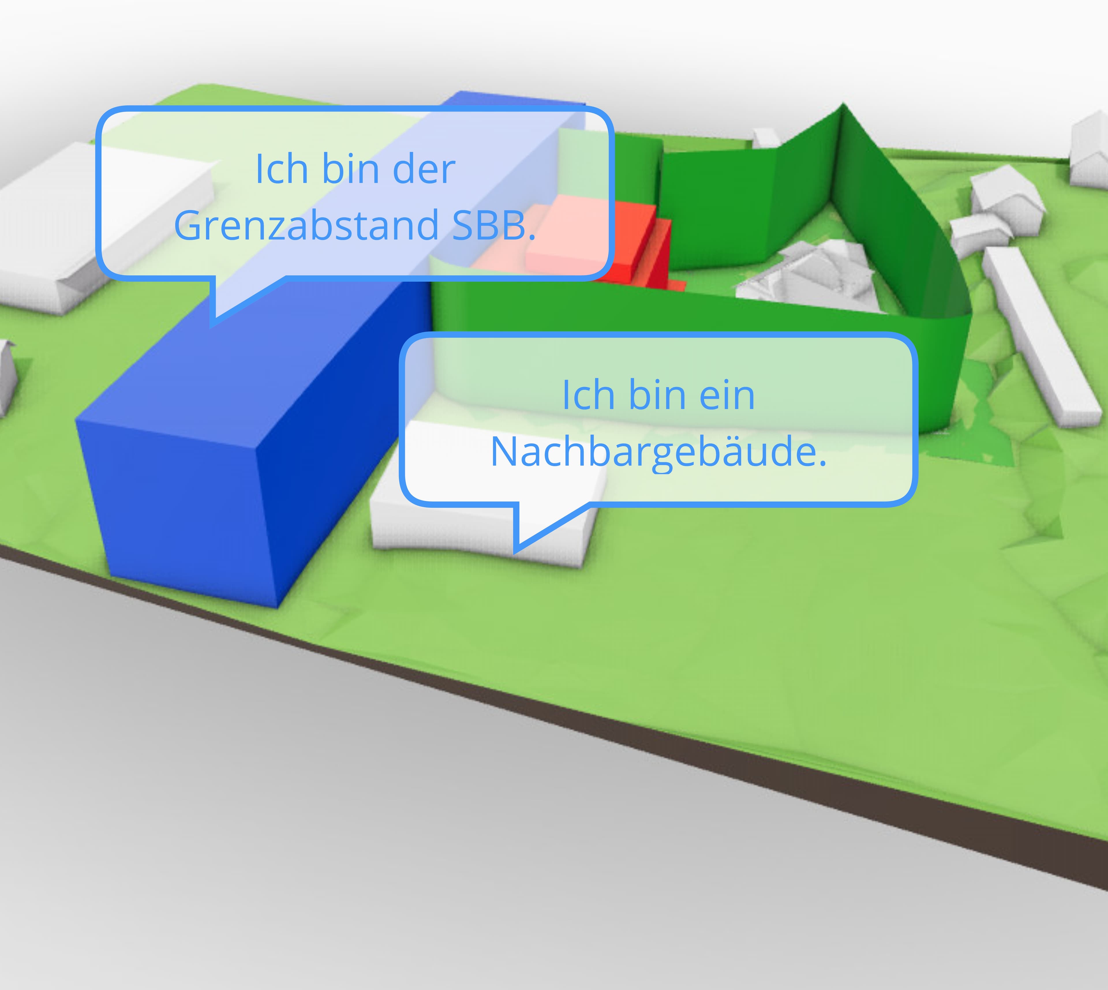 Visualisierung eines digitalen Baubewilligungsprozesses mit Grenzabständen und Nachbargebäuden